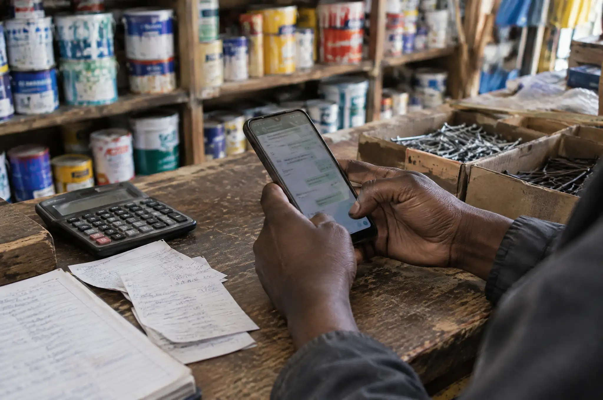 A shopkeeper’s hands hold a phone over a hardware-shop counter, beside a calculator and handwritten receipts