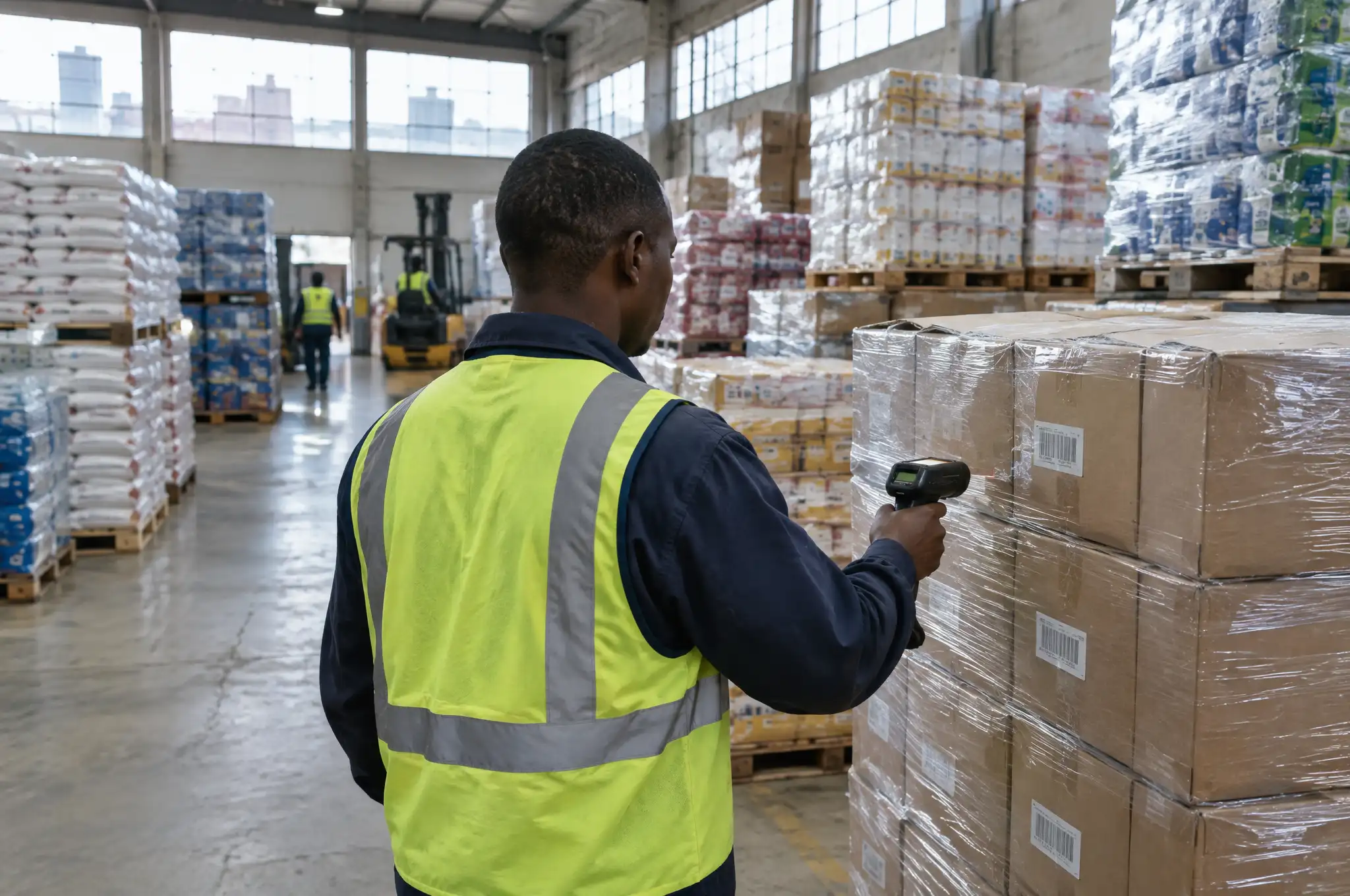 A warehouse worker in a high-visibility vest scans the barcode on a stack of cartons